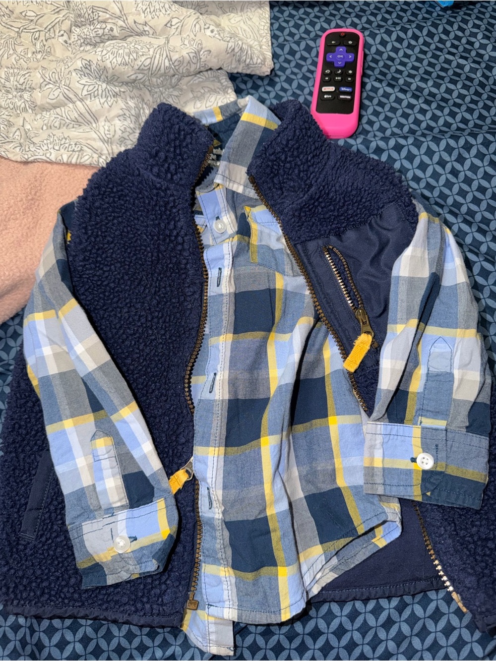 Boys Navy & Light Blue Plaid Sherpa-Lined Button-Down Shirt
